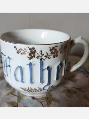 Antique Vintage Father's Day Mug Coffee Cup Germany Porcelain White & Blue Gold